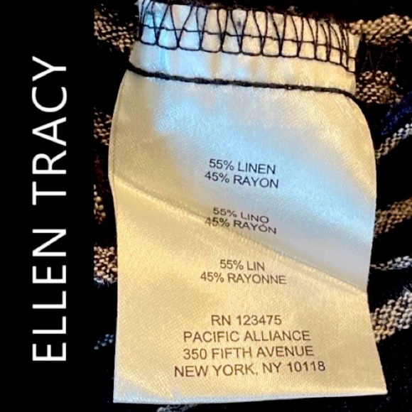 Ellen Tracy Women’s Elastic/Drawstring Pants-Black/White Stripe Linen Blend - Picture 3 of 3